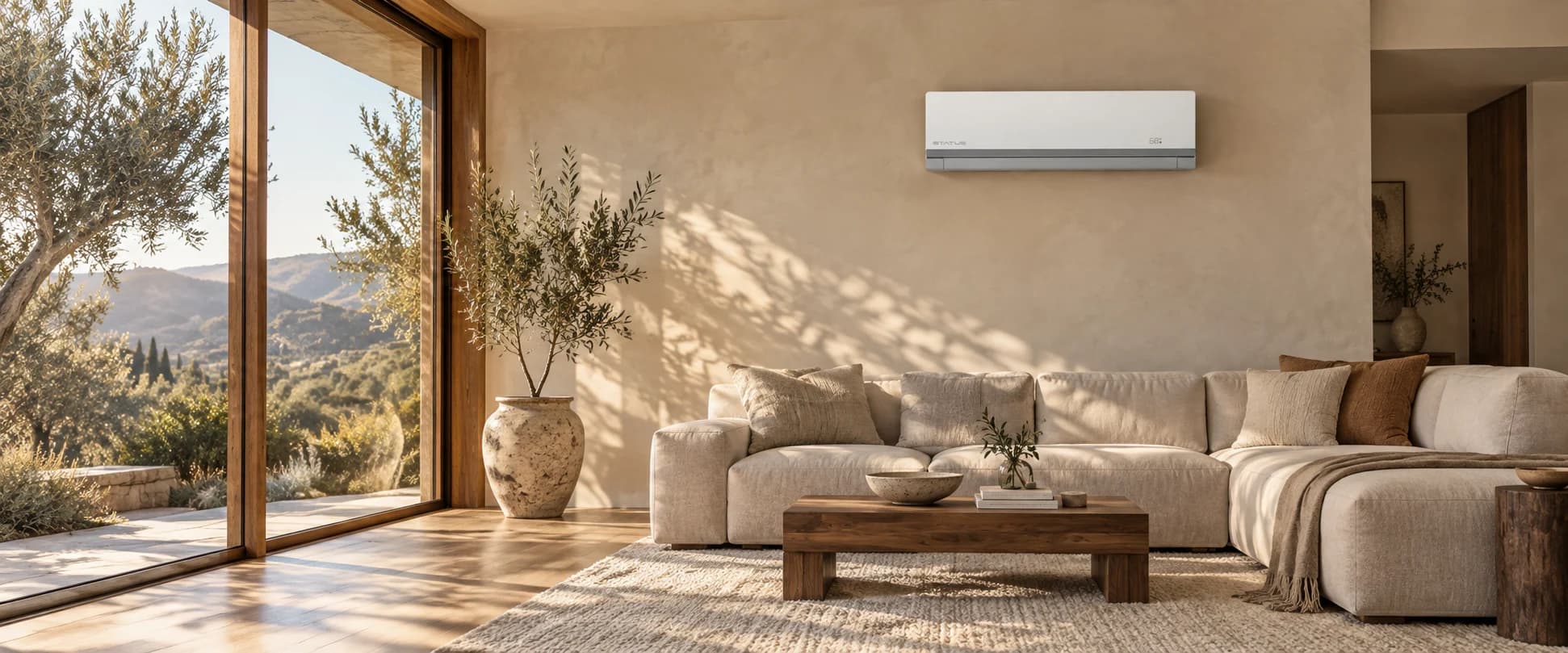 A sunlit living room with a STATUS indoor unit, warm wood, and a view of olive trees